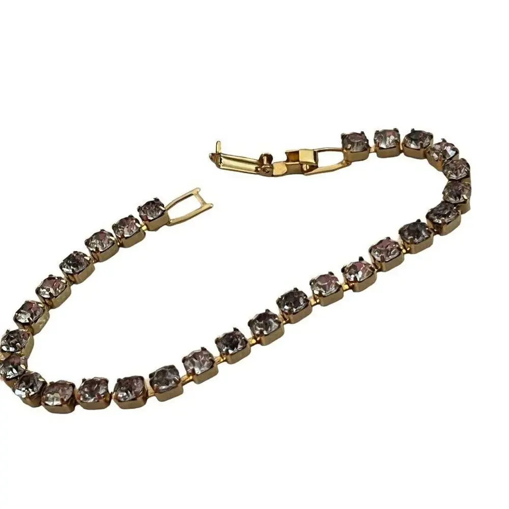 Gold Tone Rhinestone Tennis Bracelet Bling 6 7/8